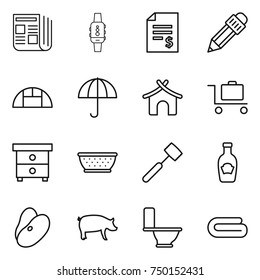 thin line icon set : newspaper, smart watch, account balance, pencil, greenhouse, dry cargo, bungalow, baggage trolley, nightstand, colander, meat hammer, ketchup, beans, pig, toilet, towel
