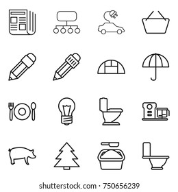 thin line icon set : newspaper, structure, electric car, basket, pencil, greenhouse, dry cargo, cafe, bulb, toilet, food processor, pig, spruce, washing powder
