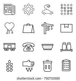 thin line icon set : newspaper, round around, electric car, chip, cardio, shopping bag, tower crane, package box, railroad shipping, phone, colander, salt pepper, spikelets, sow, trash bin