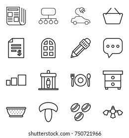thin line icon set : newspaper, structure, electric car, basket, account balance, arch window, pencil, sms, sorting, detector, cafe, nightstand, colander, mushroom, coffee seeds
