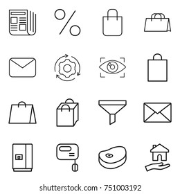thin line icon set : newspaper, percent, shopping bag, mail, around gear, eye identity, funnel, fridge, mixer, steake, housing