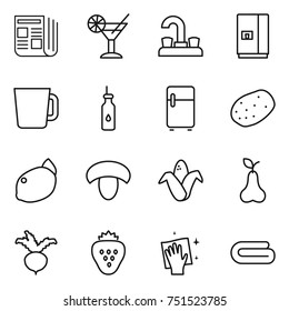 thin line icon set : newspaper, cocktail, water tap, fridge, cup, vegetable oil, potato, lemon, mushroom, corn, pear, beet, strawberry, wiping, towel