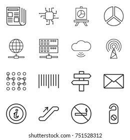 thin line icon set : newspaper, chip, presentation, diagram, globe connect, server, cloud wireless, antenna, bar code, singlepost, mail, info, escalator, no smoking, do not distrub