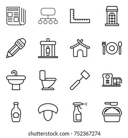 thin line icon set : newspaper, structure, ruler, building, pencil, detector, bungalow, cafe, sink, toilet, meat hammer, food processor, ketchup, mushroom, sprayer, washing powder