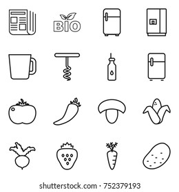 thin line icon set : newspaper, bio, fridge, cup, corkscrew, vegetable oil, tomato, hot pepper, mushroom, corn, beet, strawberry, carrot, potato