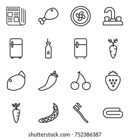 thin line icon set : newspaper, chicken leg, cooler fan, water tap, fridge, vegetable oil, carrot, lemon, hot pepper, cherry, strawberry, peas, tooth brush, towel