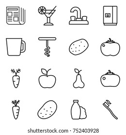 thin line icon set : newspaper, cocktail, water tap, fridge, cup, corkscrew, potato, tomato, carrot, apple, pear, shampoo, tooth brush
