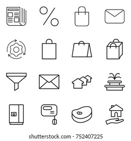 thin line icon set : newspaper, percent, shopping bag, mail, around gear, funnel, houses, fountain, fridge, mixer, steake, housing