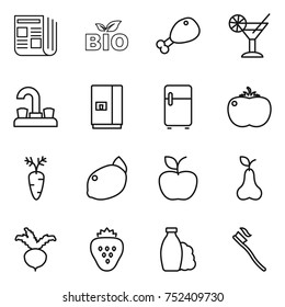 thin line icon set : newspaper, bio, chicken leg, cocktail, water tap, fridge, tomato, carrot, lemon, apple, pear, beet, strawberry, shampoo, tooth brush