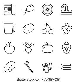 thin line icon set : newspaper, chicken leg, cooler fan, water tap, cup, potato, cherry, corn, apple, beet, tomato, strawberry, tooth brush, wiping, towel