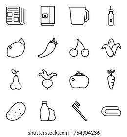 thin line icon set : newspaper, fridge, cup, vegetable oil, lemon, hot pepper, cherry, corn, pear, beet, tomato, carrot, potato, shampoo, tooth brush, towel