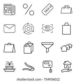 thin line icon set : newspaper, percent, sale, shopping bag, mail, around gear, eye identity, funnel, houses, fountain, walnut crack, mixer, housing