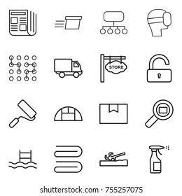 Thin Line Icon Set : Newspaper, Delivery, Structure, Virtual Mask, Chip, Store Signboard, Unlock, Repair, Greenhouse, Package Box, Cargo Search, Pool, Towel, Soil Cutter, Sprayer