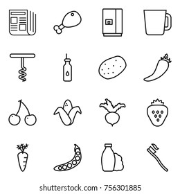 Thin line icon set : newspaper, chicken leg, fridge, cup, corkscrew, vegetable oil, potato, hot pepper, cherry, corn, beet, strawberry, carrot, peas, shampoo, tooth brush