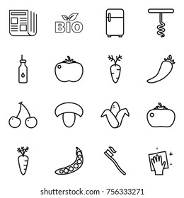 Thin line icon set : newspaper, bio, fridge, corkscrew, vegetable oil, tomato, carrot, hot pepper, cherry, mushroom, corn, peas, tooth brush, wiping