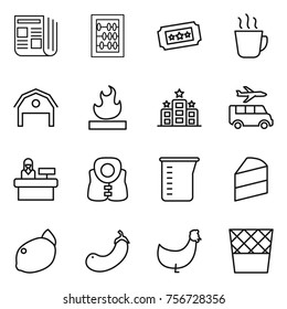 Thin line icon set : newspaper, abacus, ticket, hot drink, barn, flammable, hotel, transfer, reception, life vest, measuring cup, cake, lemon, eggplant, chicken, trash bin