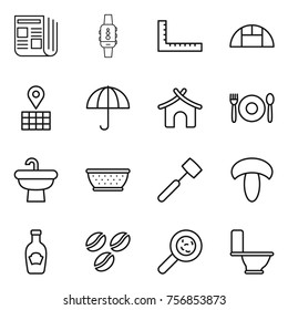 Thin line icon set : newspaper, smart watch, ruler, greenhouse, map, dry cargo, bungalow, cafe, sink, colander, meat hammer, mushroom, ketchup, coffee seeds, viruses, toilet