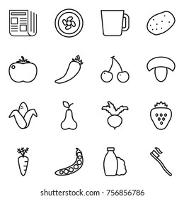 Thin line icon set : newspaper, cooler fan, cup, potato, tomato, hot pepper, cherry, mushroom, corn, pear, beet, strawberry, carrot, peas, shampoo, tooth brush