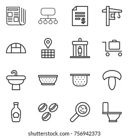 Thin line icon set : newspaper, structure, account balance, tower crane, greenhouse, map, detector, baggage trolley, sink, colander, mushroom, ketchup, coffee seeds, viruses, toilet