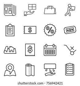 Thin line icon set : newspaper, gift, shopping bag, courier, clipboard, receipt, percent, ticket, project, tax, calendar, do not trolley sign, map, paper towel, hand dryer, list