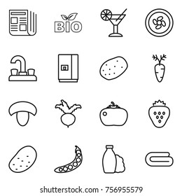 Thin line icon set : newspaper, bio, cocktail, cooler fan, water tap, fridge, potato, carrot, mushroom, beet, tomato, strawberry, peas, shampoo, towel