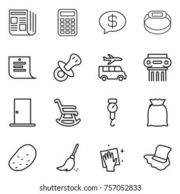 Thin line icon set : newspaper, calculator, money message, smart bracelet, shopping list, nipple, transfer, antique column, door, rocking chair, handle scales, flour, potato, broom, wiping