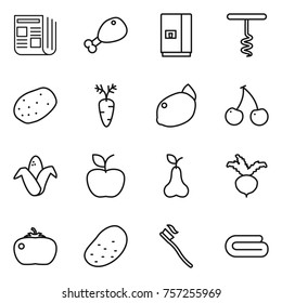 Thin line icon set : newspaper, chicken leg, fridge, corkscrew, potato, carrot, lemon, cherry, corn, apple, pear, beet, tomato, tooth brush, towel