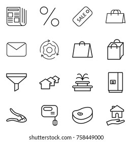 Thin line icon set : newspaper, percent, sale, shopping bag, mail, around gear, funnel, houses, fountain, fridge, walnut crack, mixer, steake, housing