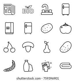 Thin line icon set : newspaper, bio, water tap, fridge, potato, tomato, cherry, mushroom, pear, peas, shampoo, wiping, towel