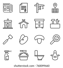 Thin line icon set : newspaper, account balance, tower crane, map, detector, bungalow, nightstand, repair tools, meat hammer, beans, mushroom, viruses, sprayer, washing powder, toilet, apron