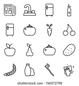 Thin line icon set : newspaper, water tap, fridge, vegetable oil, tomato, carrot, cherry, apple, pear, potato, peas, shampoo, tooth brush, wiping