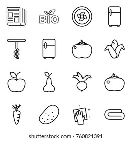 Thin line icon set : newspaper, bio, cooler fan, fridge, corkscrew, tomato, corn, apple, pear, beet, carrot, potato, wiping, towel