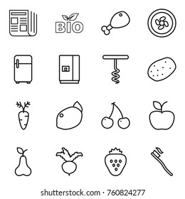 Thin line icon set : newspaper, bio, chicken leg, cooler fan, fridge, corkscrew, potato, carrot, lemon, cherry, apple, pear, beet, strawberry, tooth brush