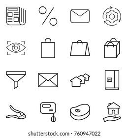 Thin line icon set : newspaper, percent, mail, around gear, eye identity, shopping bag, funnel, houses, fridge, walnut crack, mixer, steake, housing