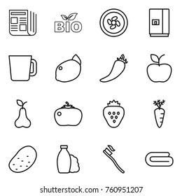 Thin line icon set : newspaper, bio, cooler fan, fridge, cup, lemon, hot pepper, apple, pear, tomato, strawberry, carrot, potato, shampoo, tooth brush, towel