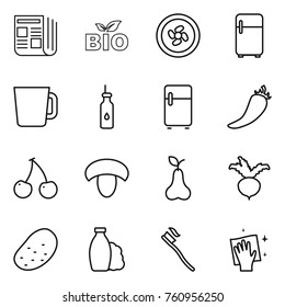 Thin line icon set : newspaper, bio, cooler fan, fridge, cup, vegetable oil, hot pepper, cherry, mushroom, pear, beet, potato, shampoo, tooth brush, wiping