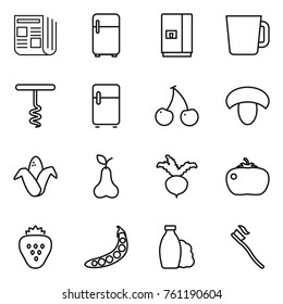 Thin line icon set : newspaper, fridge, cup, corkscrew, cherry, mushroom, corn, pear, beet, tomato, strawberry, peas, shampoo, tooth brush