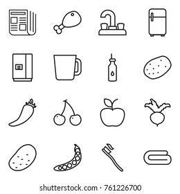 Thin line icon set : newspaper, chicken leg, water tap, fridge, cup, vegetable oil, potato, hot pepper, cherry, apple, beet, peas, tooth brush, towel