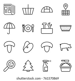 Thin line icon set : newspaper, basket, greenhouse, map, dry cargo, cafe, repair tools, colander, mushroom, beans, pig, viruses, spruce, sprayer, washing powder
