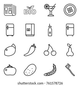 Thin line icon set : newspaper, bio, cocktail, cooler fan, fridge, vegetable oil, lemon, hot pepper, cherry, pear, tomato, potato, peas, tooth brush