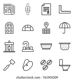 Thin line icon set : newspaper, smart watch, account balance, ruler, arch window, greenhouse, map, dry cargo, detector, water tap, colander, meat hammer, beans, coffee seeds, toilet