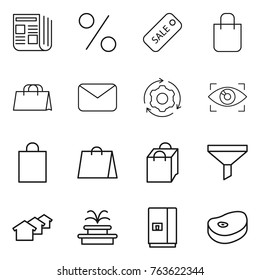 Thin line icon set : newspaper, percent, sale, shopping bag, mail, around gear, eye identity, funnel, houses, fountain, fridge, steake