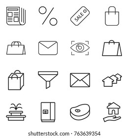 Thin line icon set : newspaper, percent, sale, shopping bag, mail, eye identity, funnel, houses, fountain, fridge, steake, housing