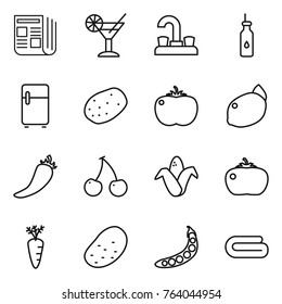 Thin line icon set : newspaper, cocktail, water tap, vegetable oil, fridge, potato, tomato, lemon, hot pepper, cherry, corn, carrot, peas, towel