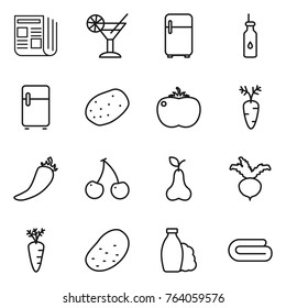 Thin line icon set : newspaper, cocktail, fridge, vegetable oil, potato, tomato, carrot, hot pepper, cherry, pear, beet, shampoo, towel