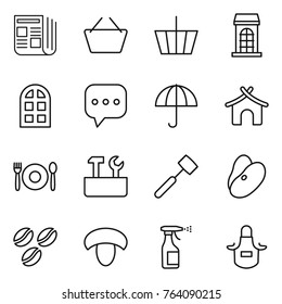 Thin line icon set : newspaper, basket, building, arch window, sms, dry cargo, bungalow, cafe, repair tools, meat hammer, beans, coffee seeds, mushroom, sprayer, apron