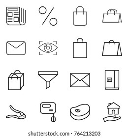 Thin line icon set : newspaper, percent, shopping bag, mail, eye identity, funnel, fridge, walnut crack, mixer, steake, housing