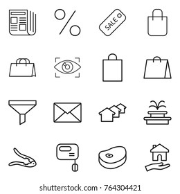 Thin line icon set : newspaper, percent, sale, shopping bag, eye identity, funnel, mail, houses, fountain, walnut crack, mixer, steake, housing