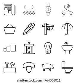Thin line icon set : newspaper, structure, smart watch, electric car, basket, pencil, tower crane, dry cargo, sorting, detector, bulb, sink, repair tools, mushroom, pig, toilet