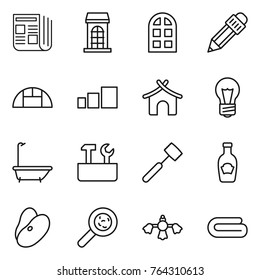 Thin line icon set : newspaper, building, arch window, pencil, greenhouse, sorting, bungalow, bulb, bath, repair tools, meat hammer, ketchup, beans, viruses, hard reach place cleaning, towel